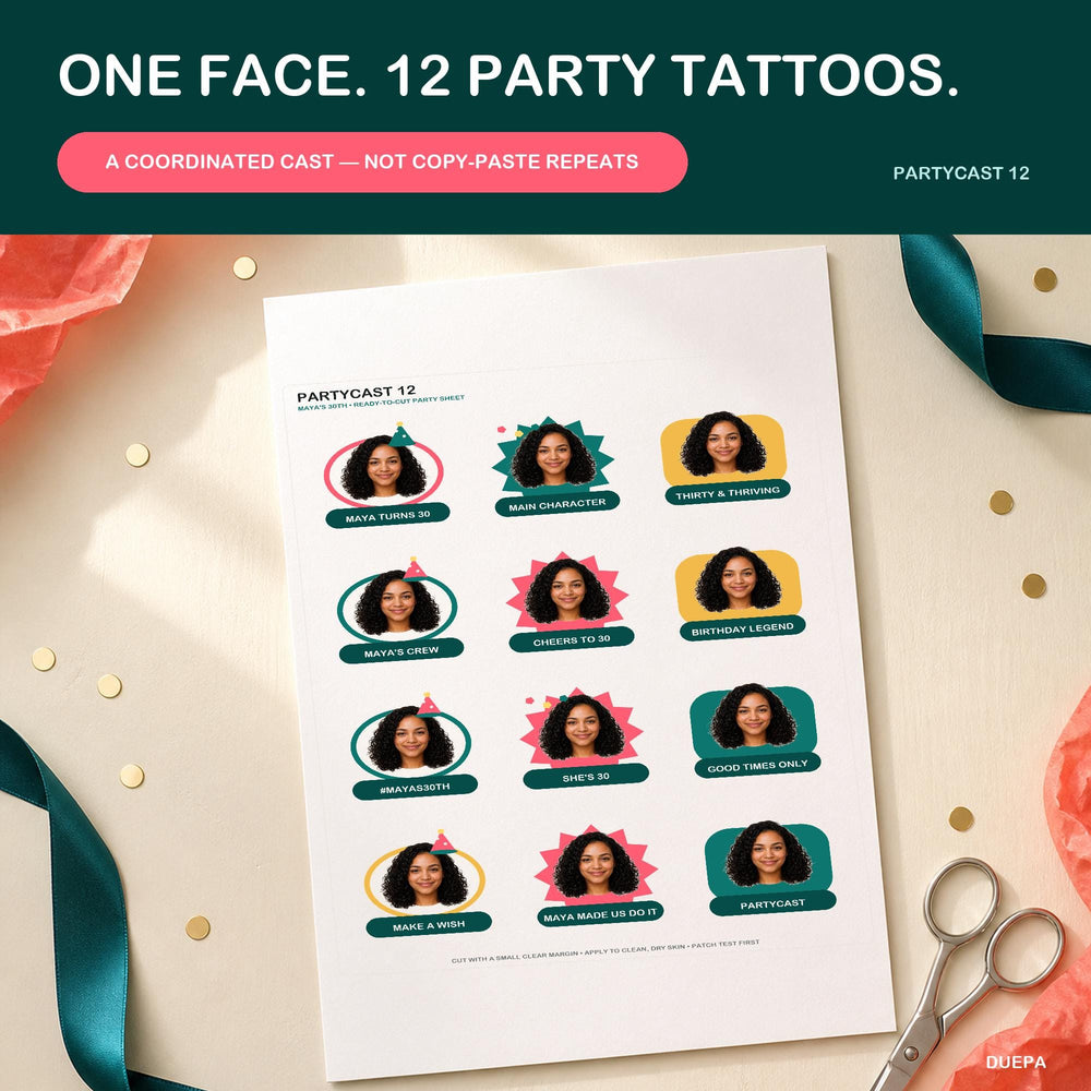 Custom Face Temporary Tattoo Sheet: 12 Coordinated Party Tattoos — hero