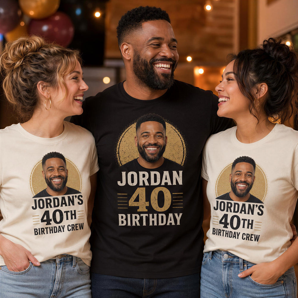 Three fictional friends wearing coordinated custom face birthday T-shirts, with the birthday person's photo and age printed prominently on the shirts in a clean party setting.