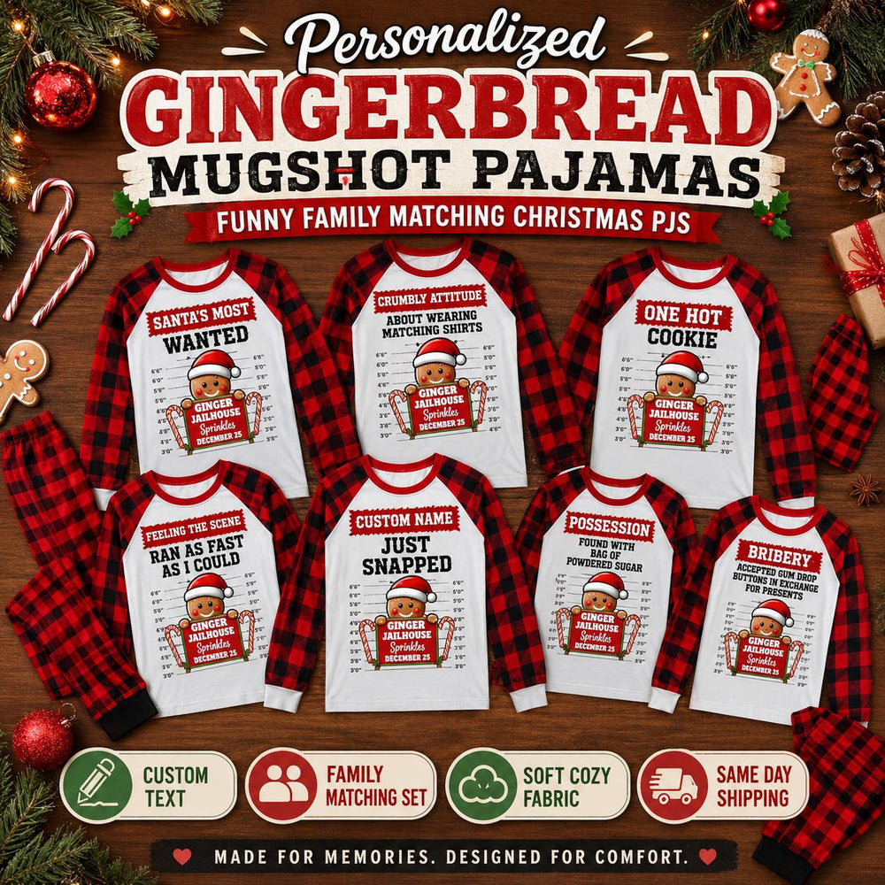 Flat lay of four red buffalo plaid personalized Christmas gingerbread pajama sets labeled Hungry, Classy, Foolish, and Loud gingerbread, with matching plaid pants and holiday decorations.
