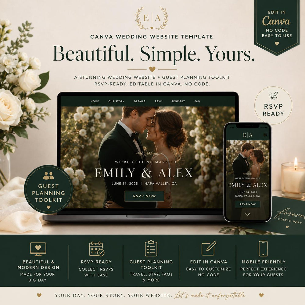 Canva wedding website template shown on laptop and phone with elegant couple photography, RSVP page and guest planning toolkit in a modern green and cream wedding design.
