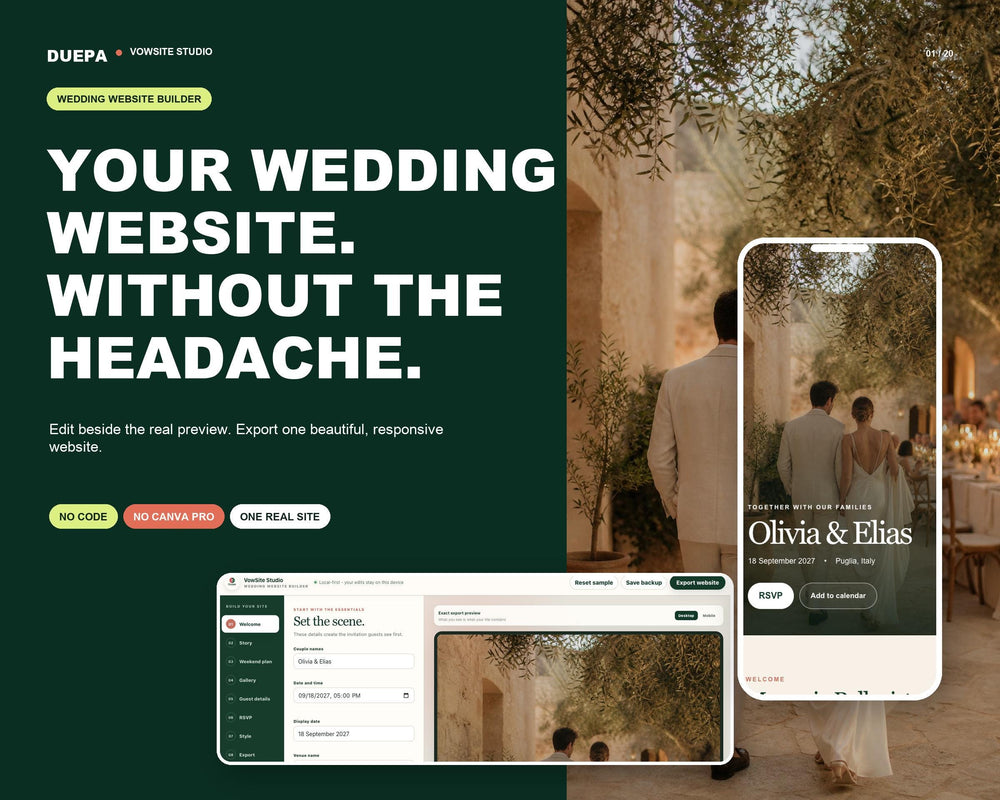 Wedding Website Builder - Editable RSVP Site with Countdown and Mobile Layout main product view.