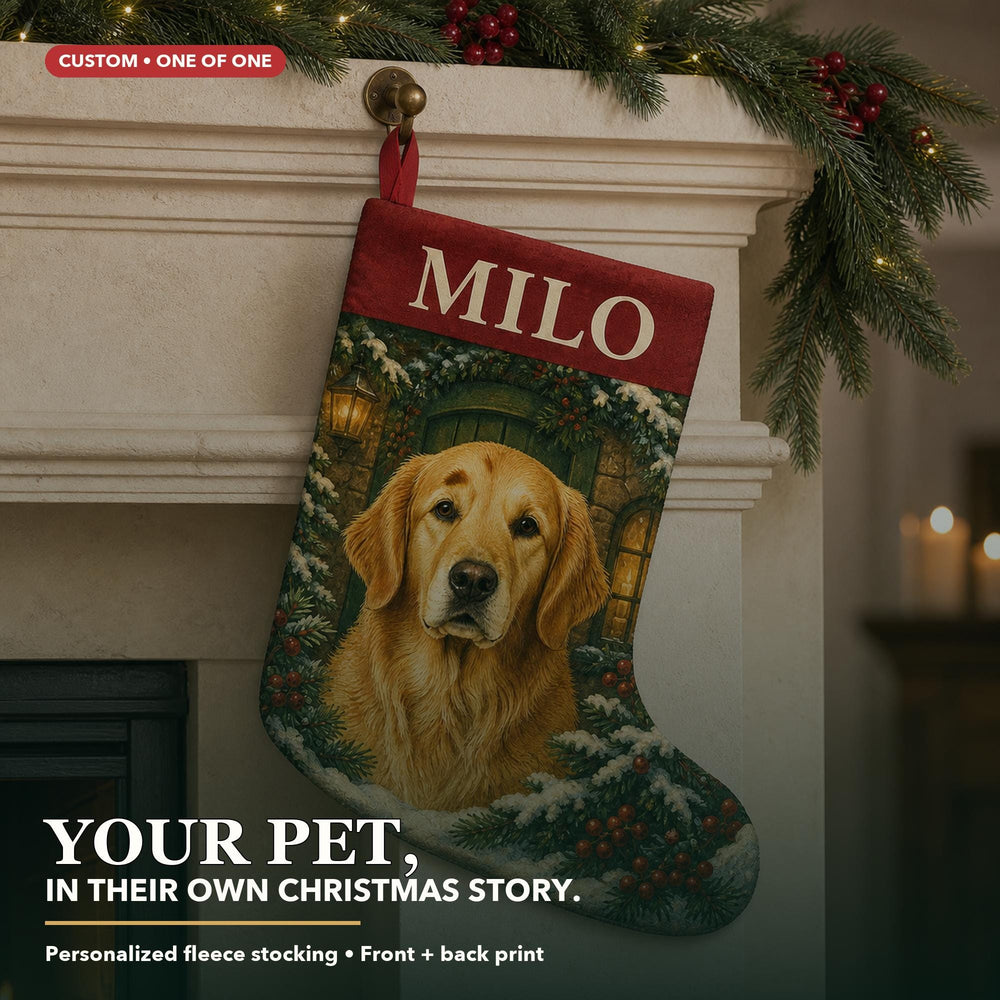 A personalized dog stocking with the name "Milo" hanging on a fireplace mantel, decorated with a winter scene and a golden retriever dog.