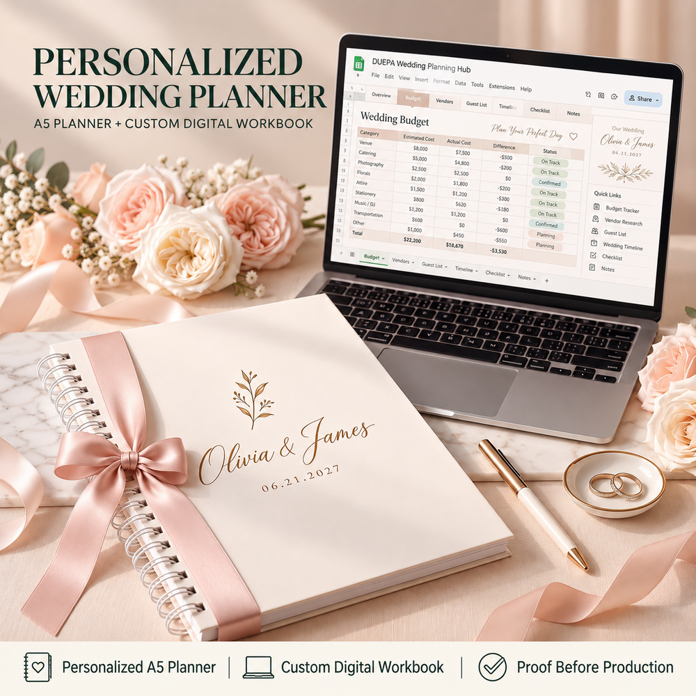 Personalized A5 wedding planner with custom digital wedding-planning workbook